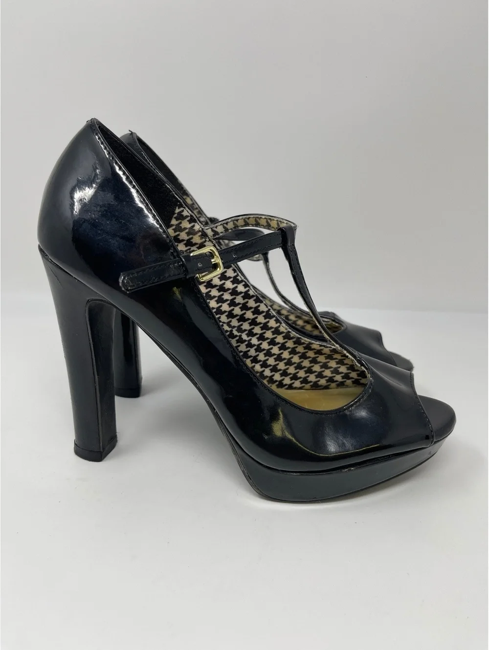 Christian Siriano Black Patent T-Strap Peep Toe Platform High Heels Pumps 6.5
